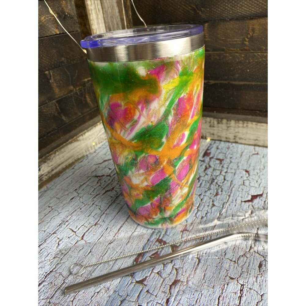 Glitter Swirl Green Orange Pink Epoxy Resin Tumbler 20oz Metal Straw/Brush